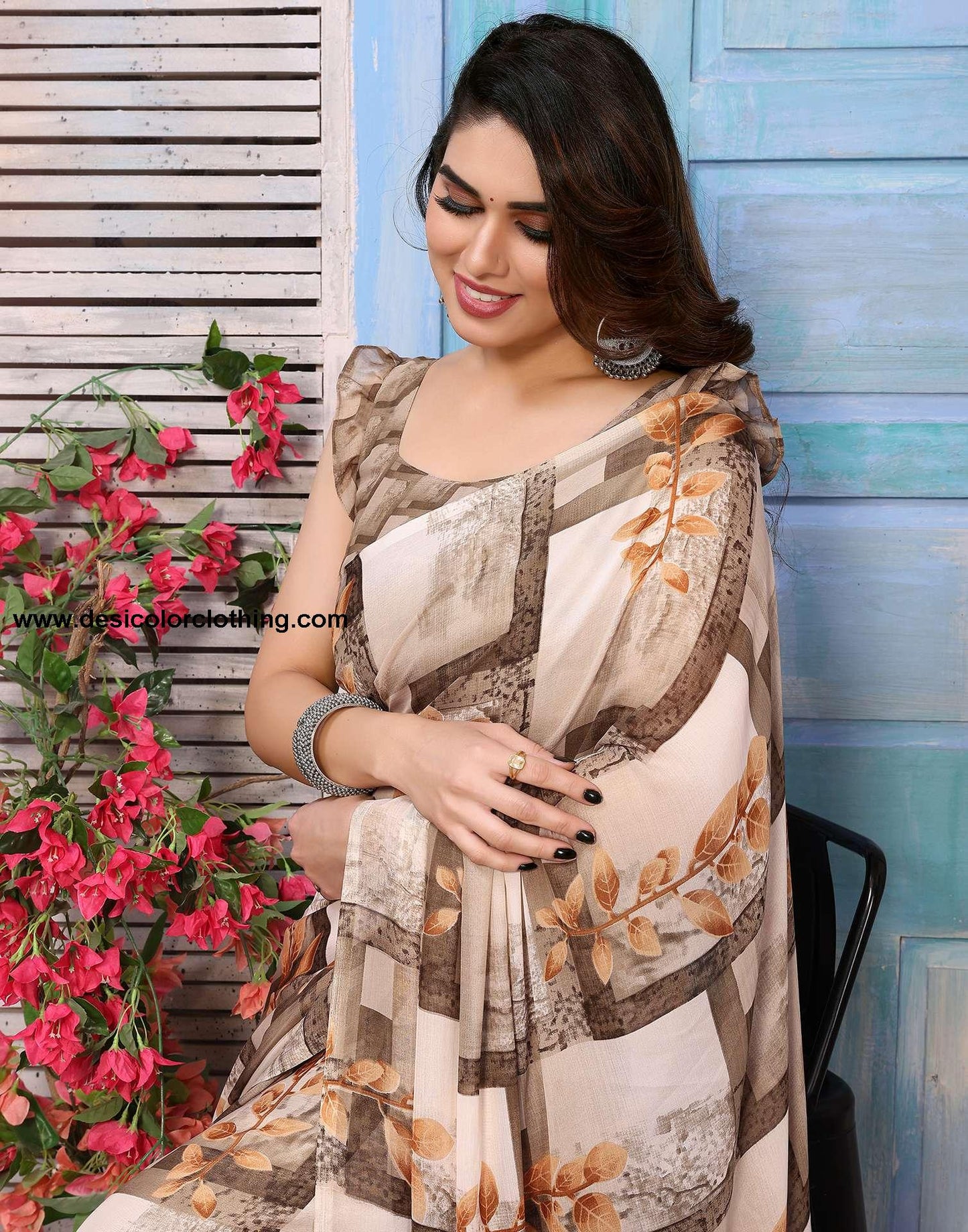 Beige Printed Georgette Saree