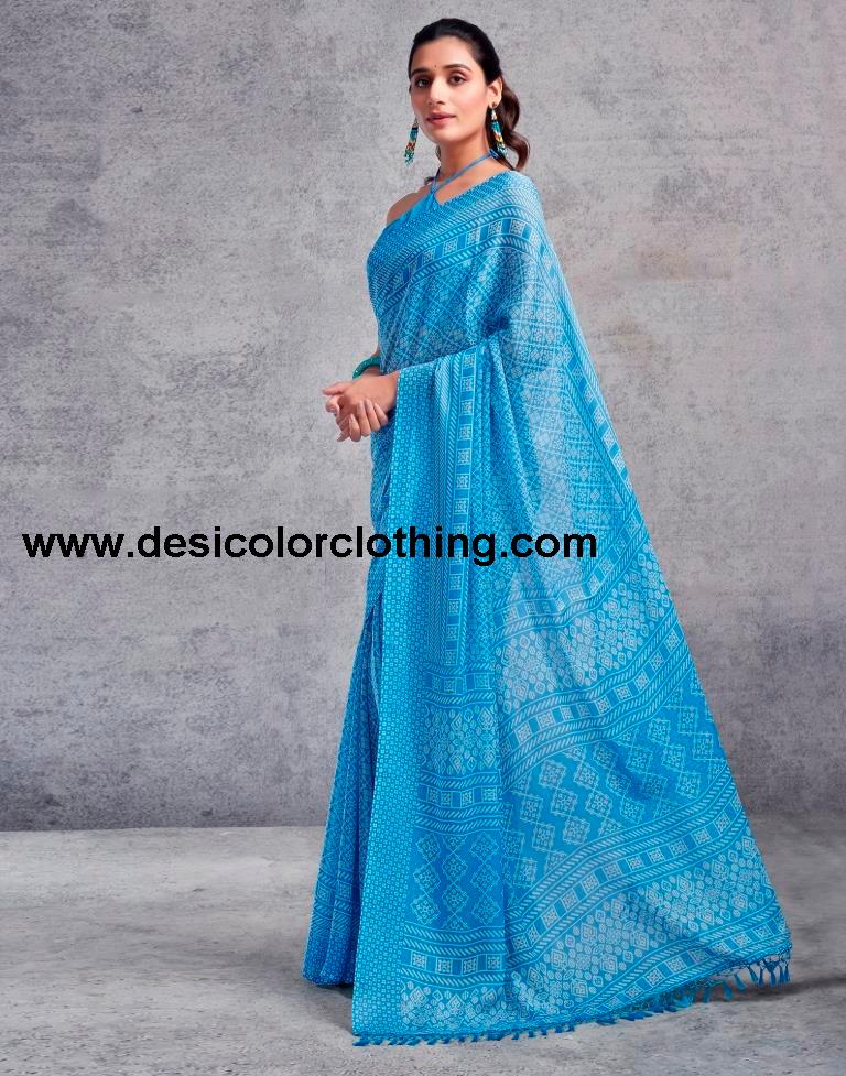 Blue Chiffon Printed  Saree