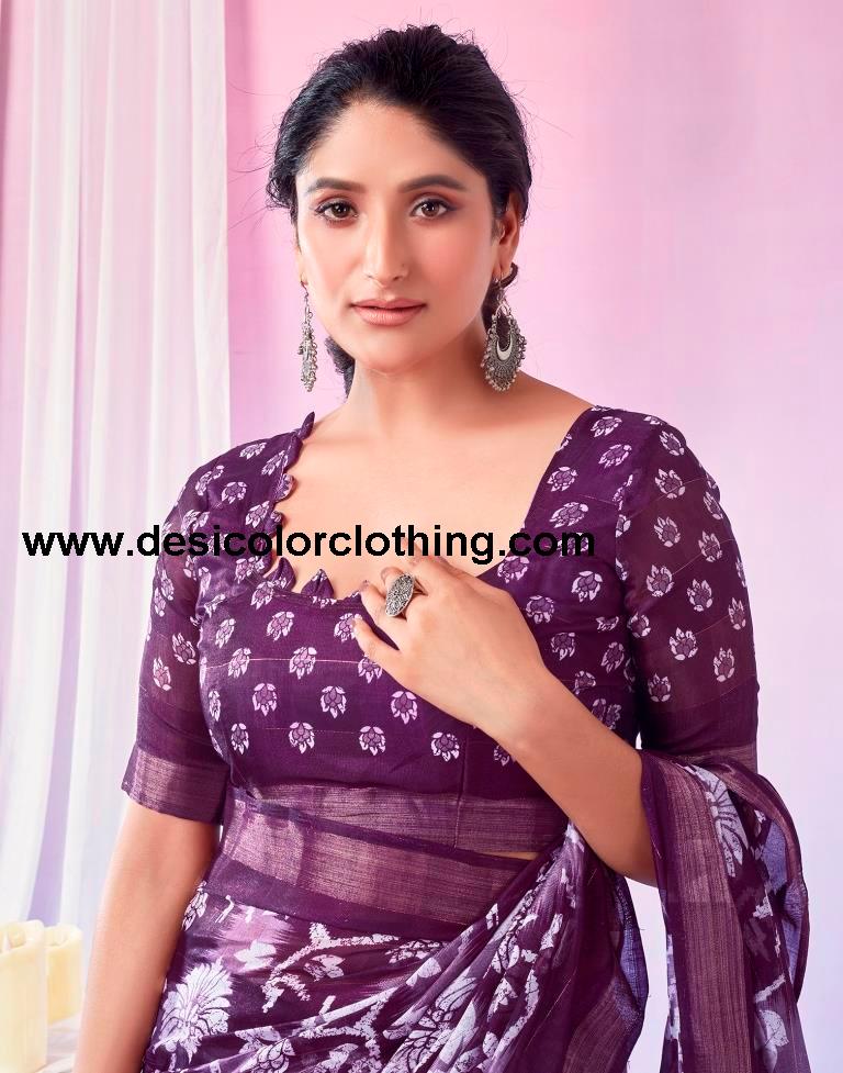 Dark Purple Cotton Zari Saree