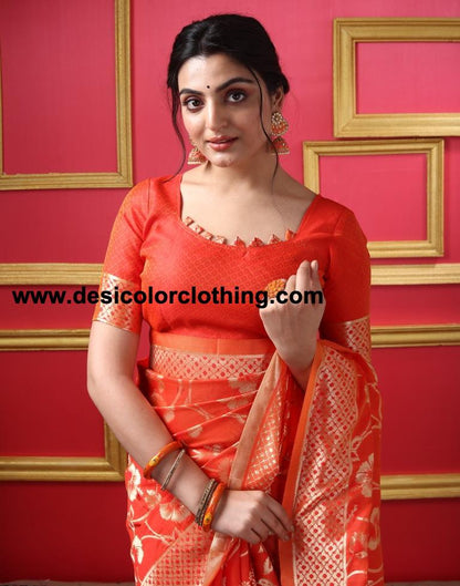 Orange Silk Plain Saree