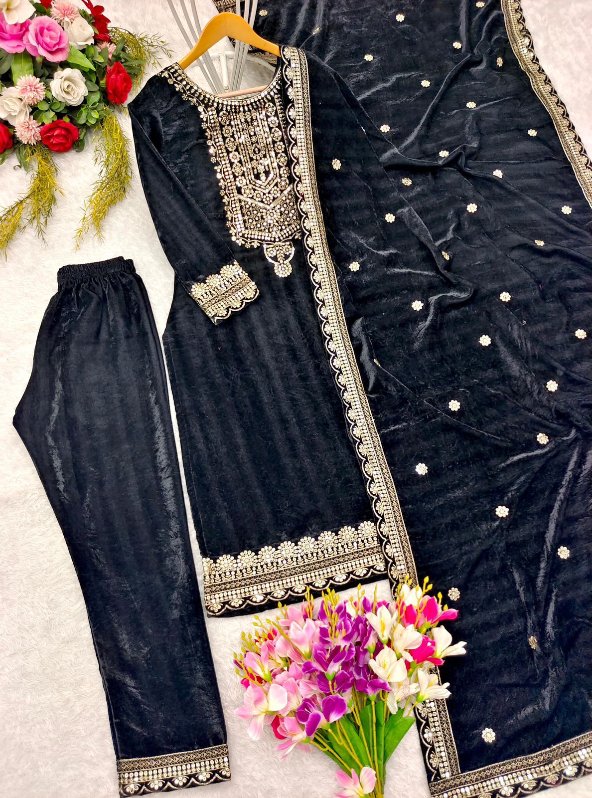 Product Image - Designer Velvet Top-Pant Dupatta Set for Weddings and Festive Wear