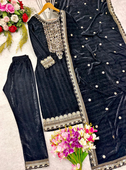 Product Image - Designer Velvet Top-Pant Dupatta Set for Weddings and Festive Wear