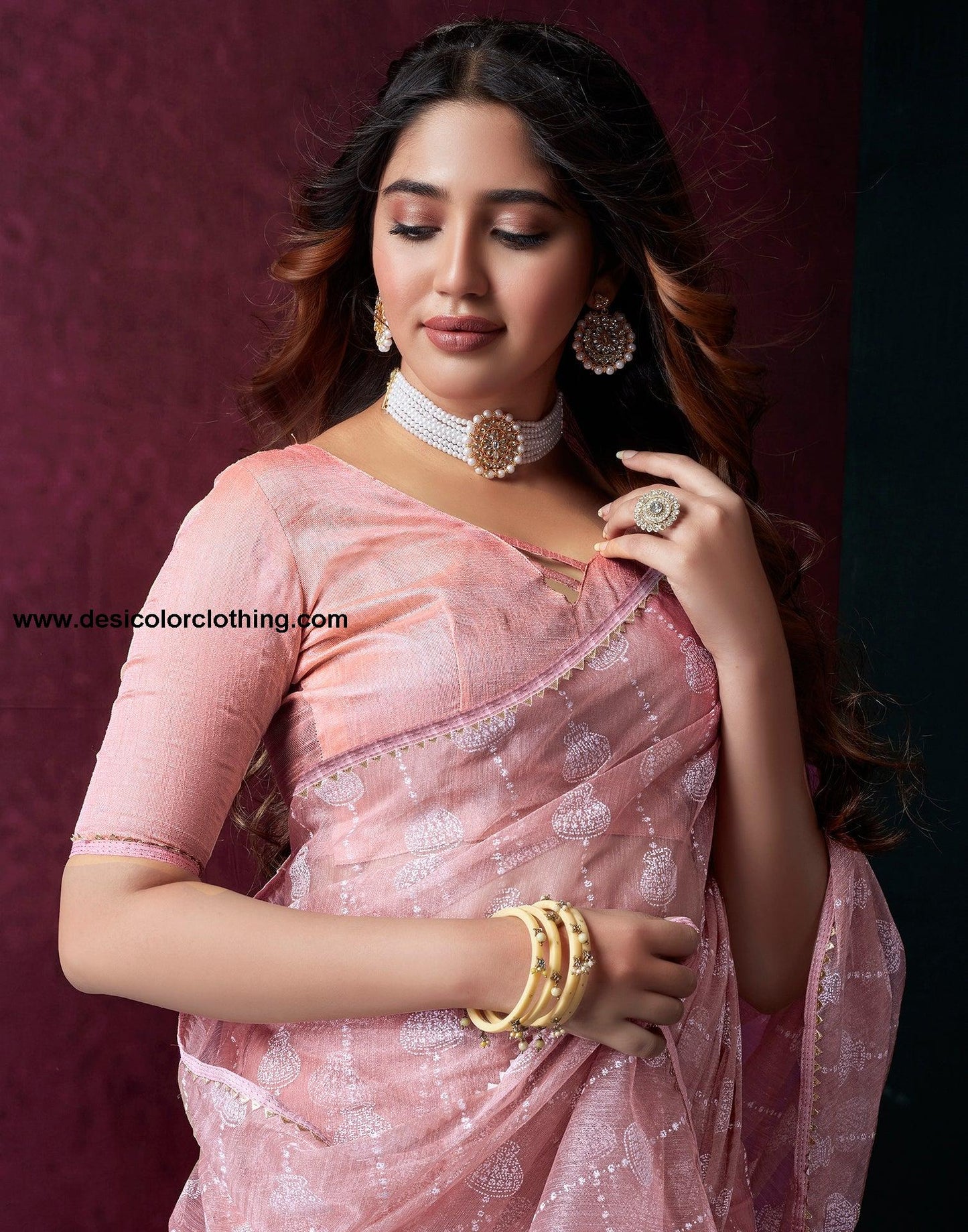 Rose Pink Net Plain Saree