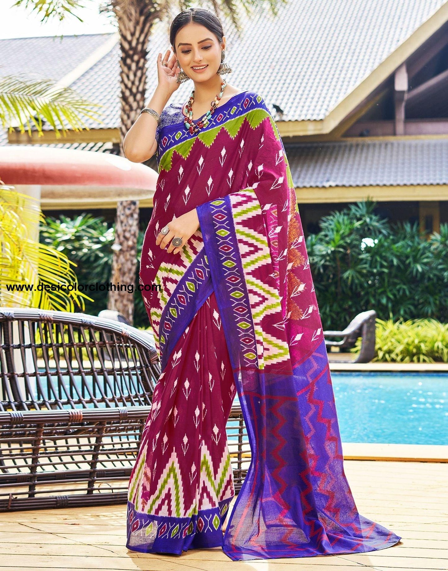 Pink Printed Cotton Pre-Draped Saree