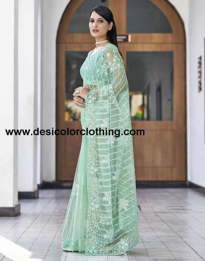 Pista Green  Plain Net Saree