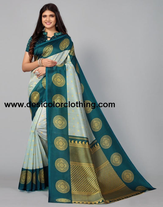Dusty Green Printed Silk Saree
