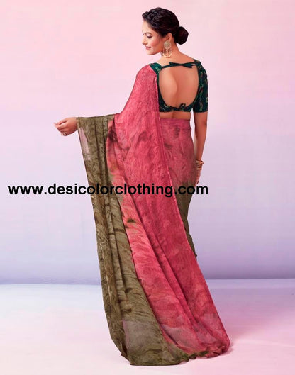 Pink Chiffon Printed Ready to Wear Saree