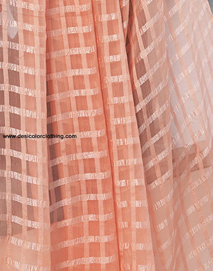 Peach Checkered Chiffon Woven Saree
