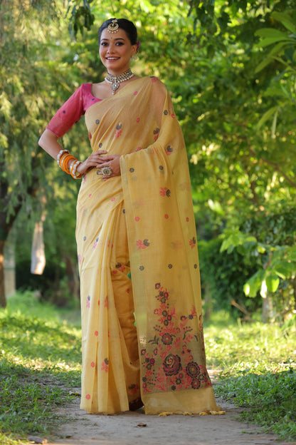Product Image - Designer Muga Cotton Saree with Floral Weaving