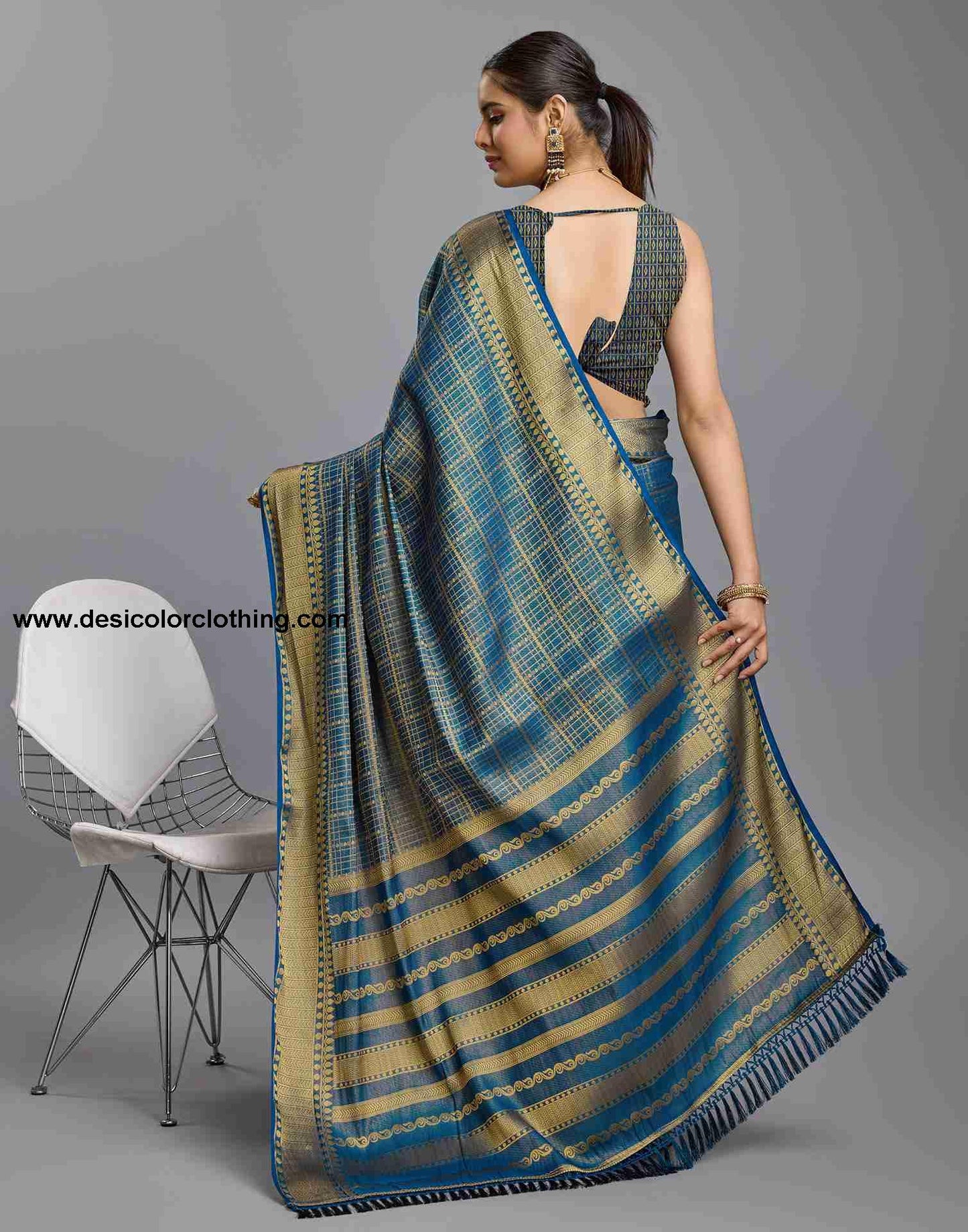 Elegant Sea Blue Banarasi Silk Saree with Woven Tassel Detailing