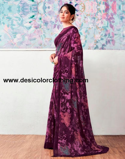 Deep Purple Georgette Printed Sarees