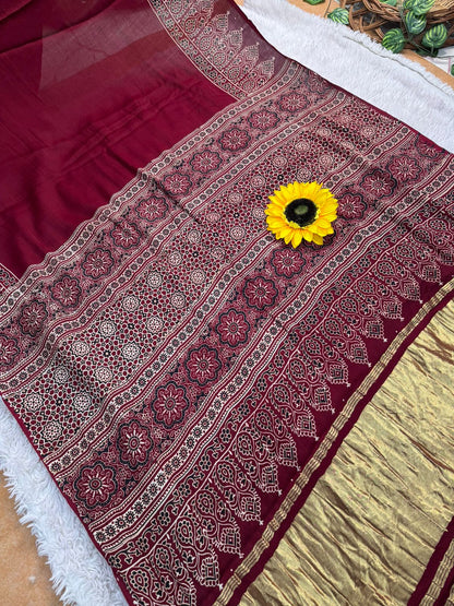 Product Image - AJRAKH Pure Gajji Bandhej Silk Saree - Ethnic Elegance