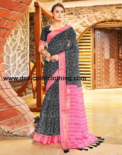 Dark Grey Linen Printed  Saree