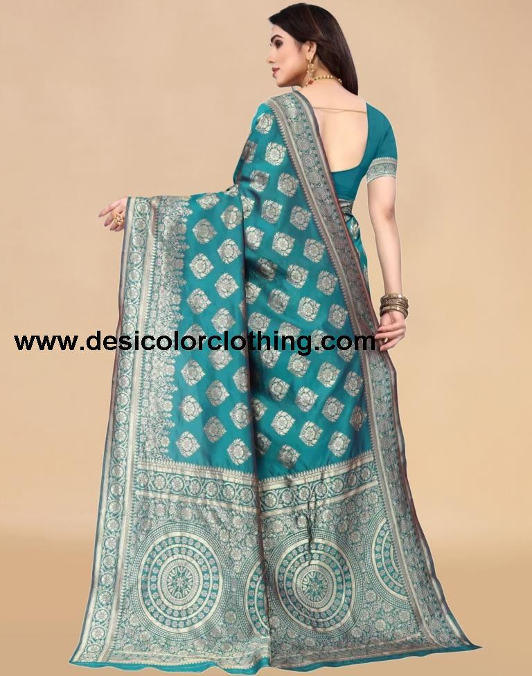 Teal Jacquard Banarasi Silk Saree