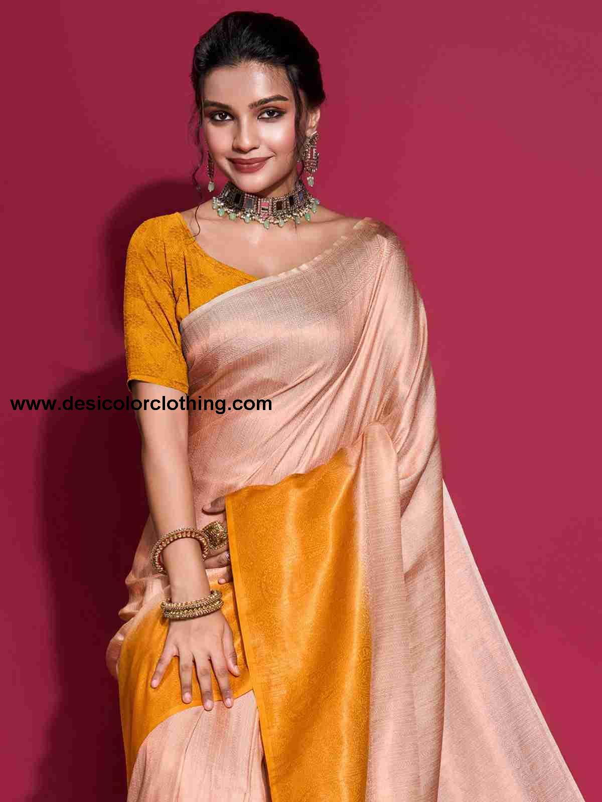 Cream Silk Plain Saree