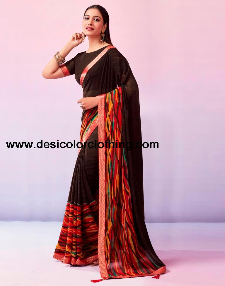 Brown Georgette Printed Saree