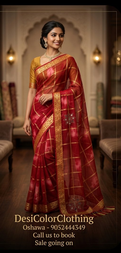 Product Image - Elegant Red Saree with Intricate Embroidery - 1