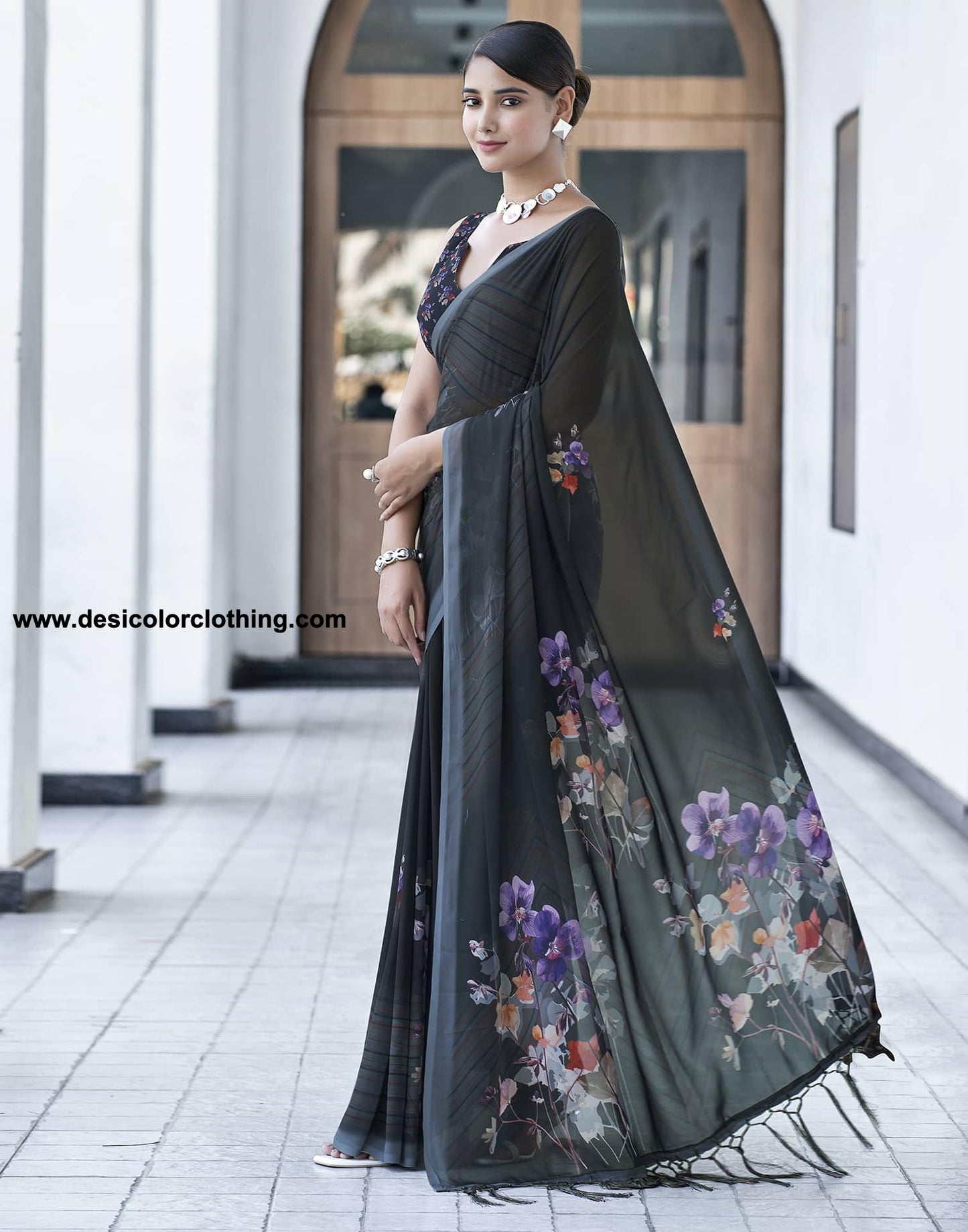 Black Printed Georgette Saree