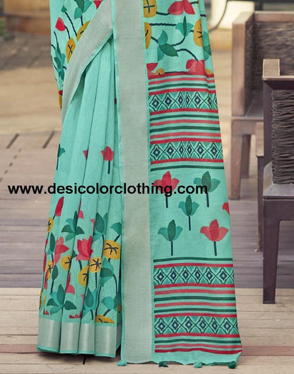 Turquoise Cotton Zari Saree