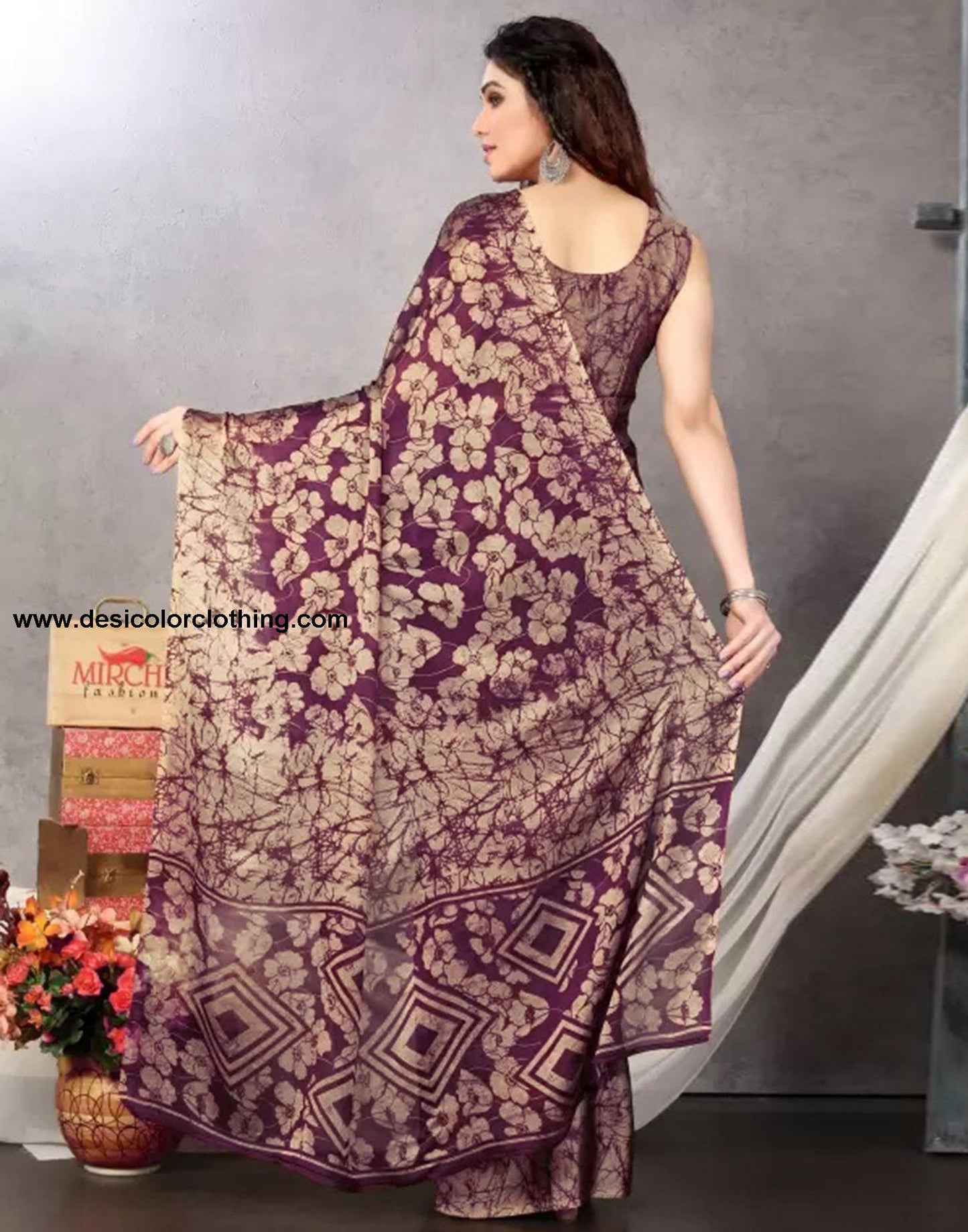 Wine Chiffon Printed Saree