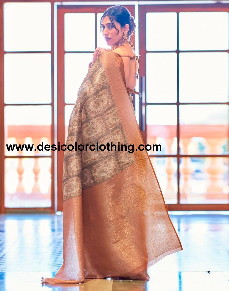 Beige Silk Printed Saree