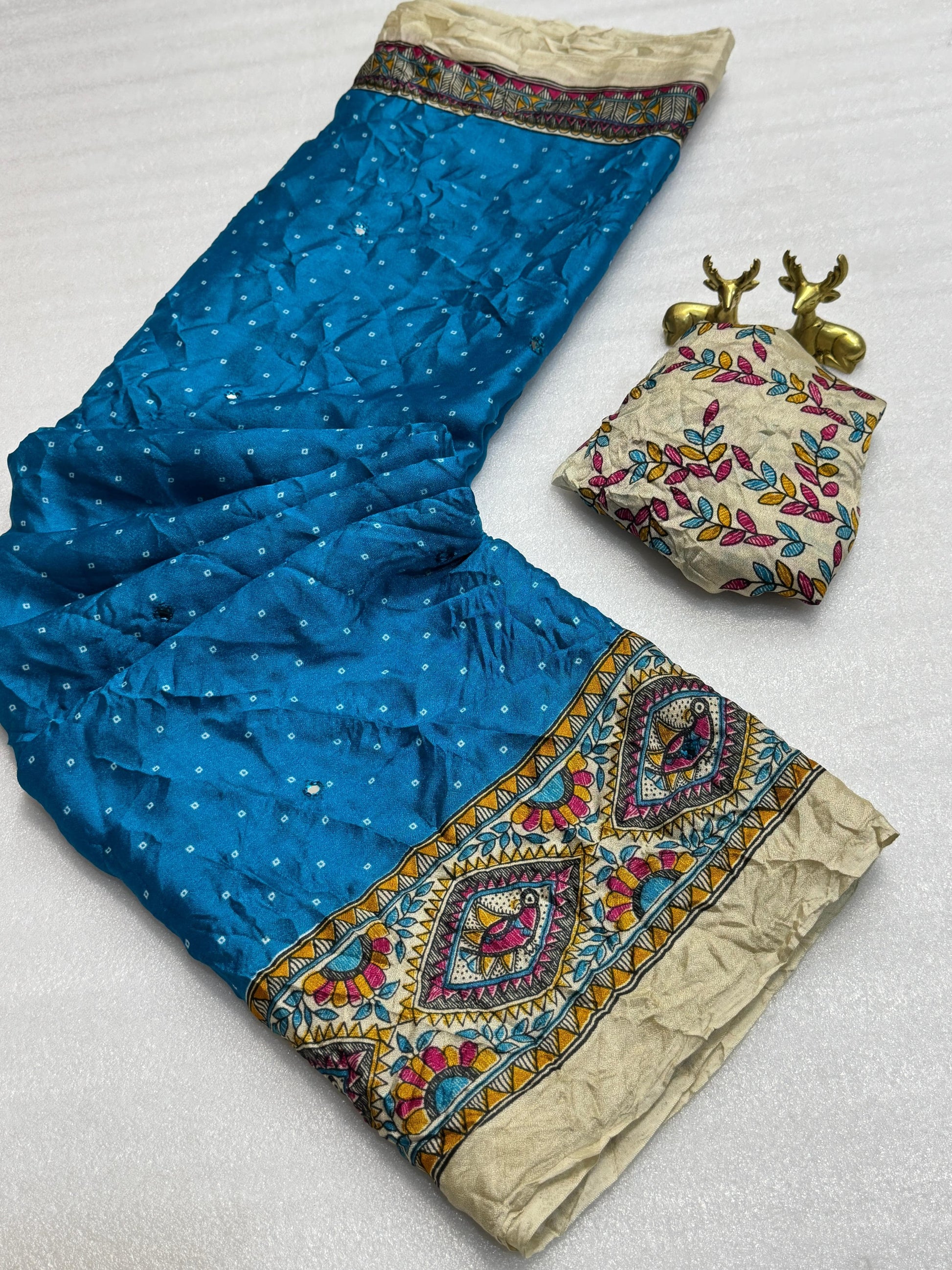 Product Image - Designer Kalamkari Bandhej Saree with Royal Mirror Work