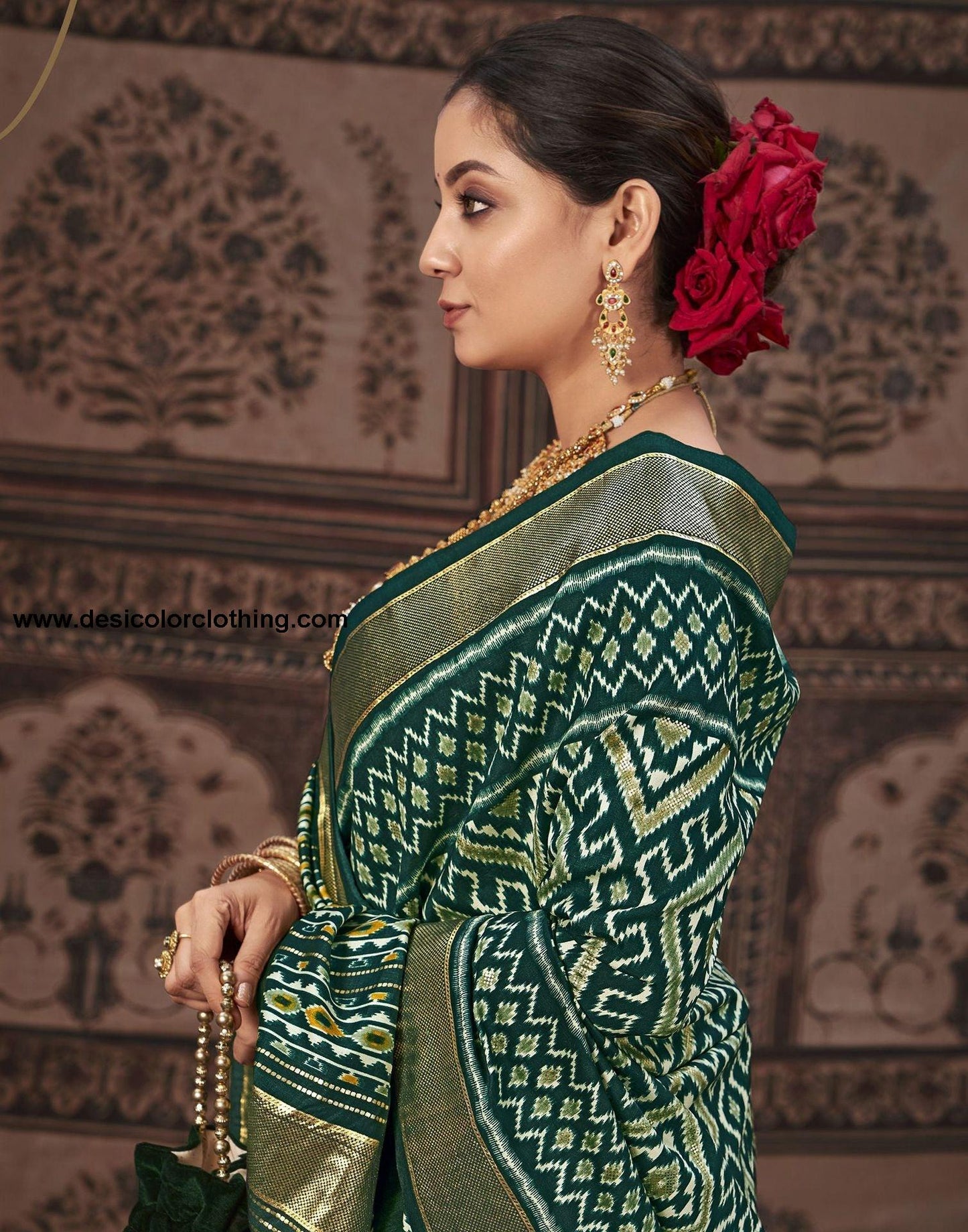 Bottle Green Printed Silk Saree