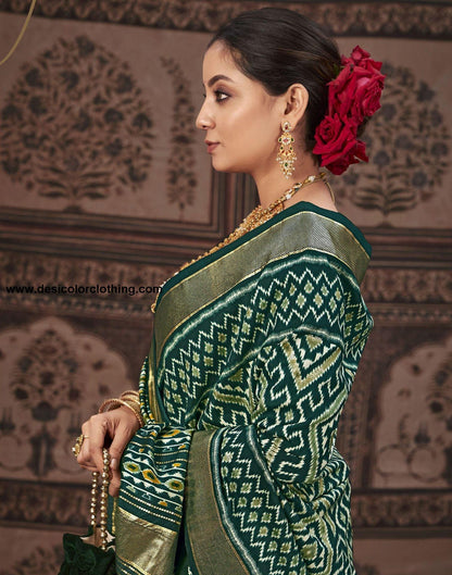 Bottle Green Printed Silk Saree