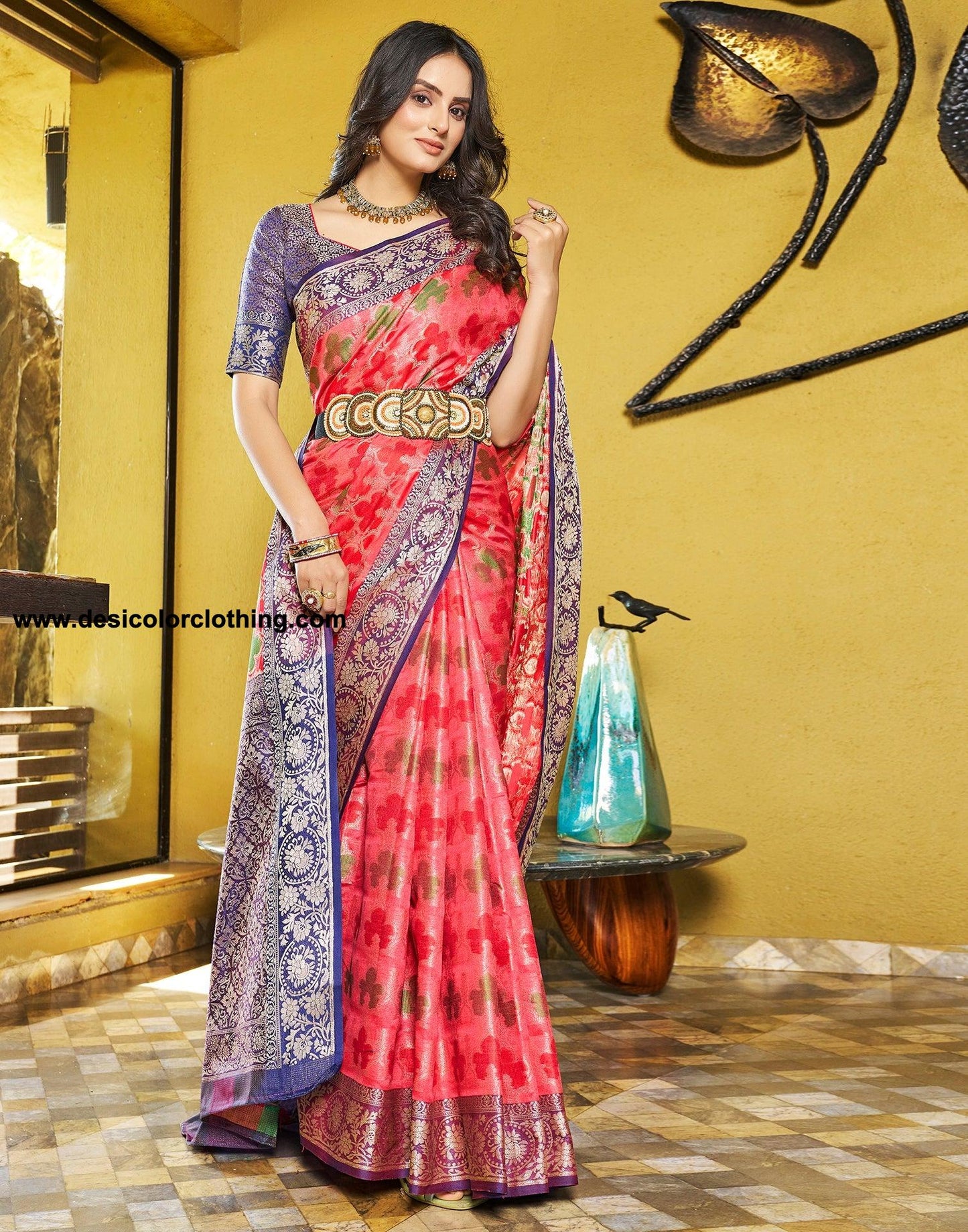Pink Jacquard Silk Saree