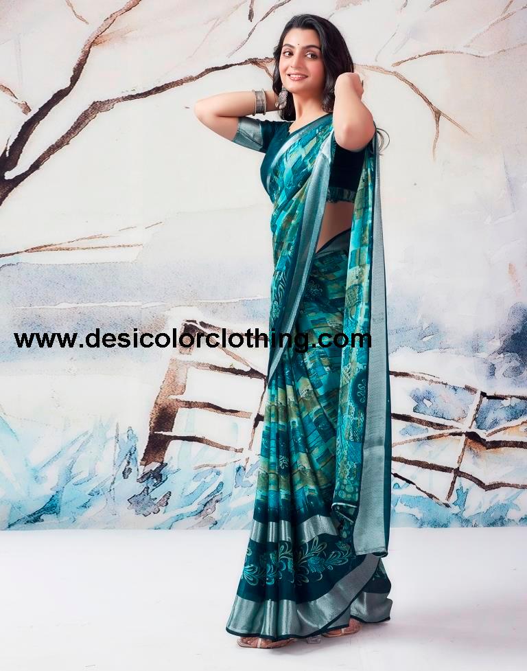 Blue Chiffon Printed  Saree