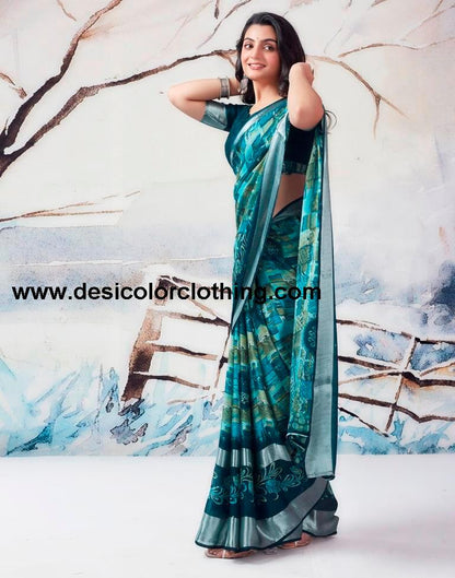 Blue Chiffon Printed  Saree