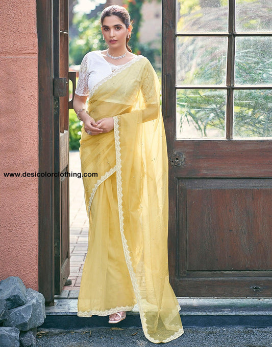 Yellow Net Plain Saree