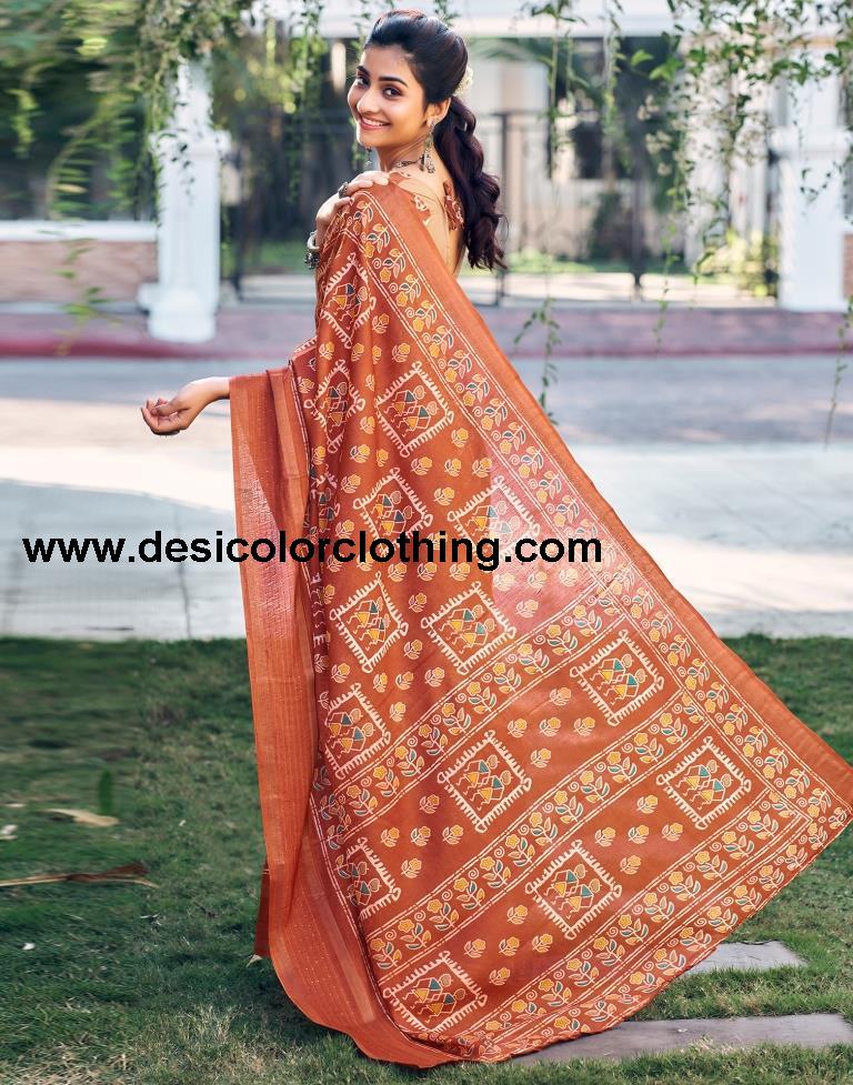 Rust Silk Printed Saree