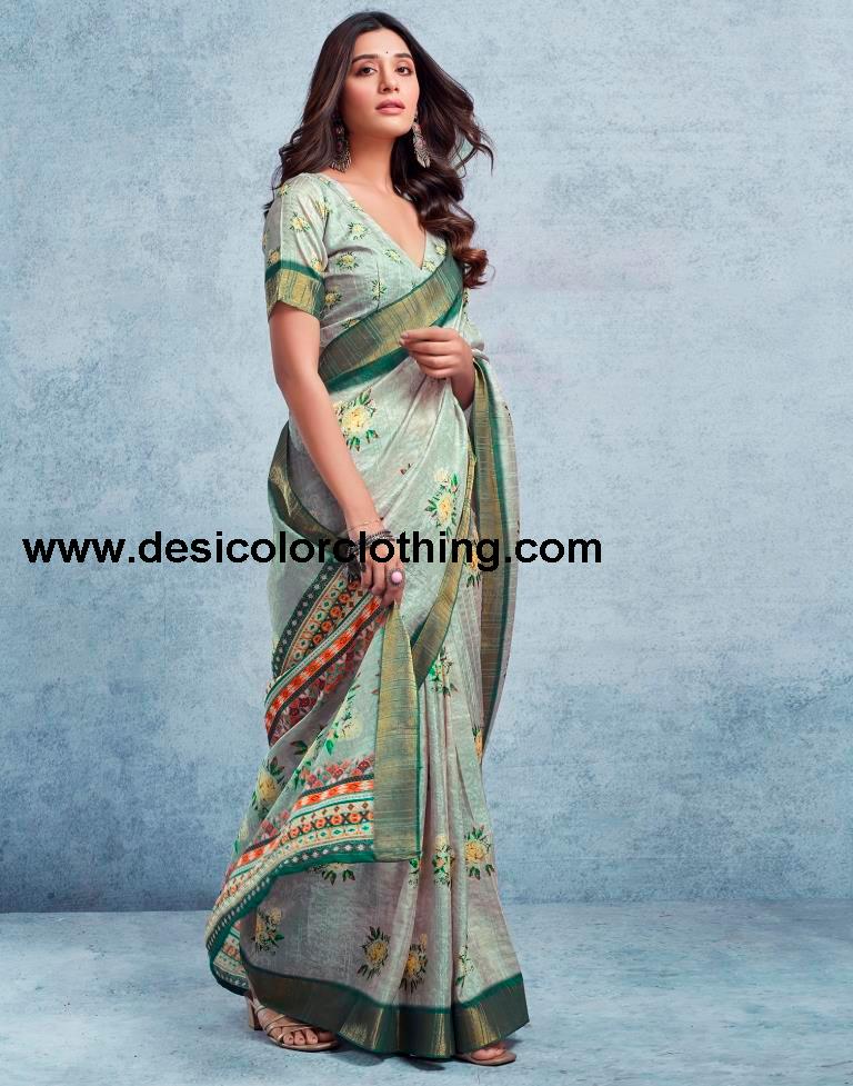 Dusty Green Silk Printed  Saree