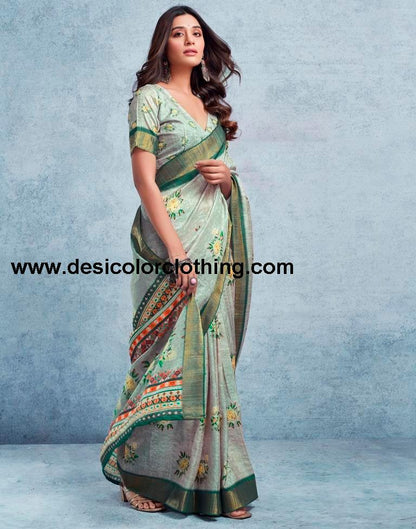 Dusty Green Silk Printed  Saree