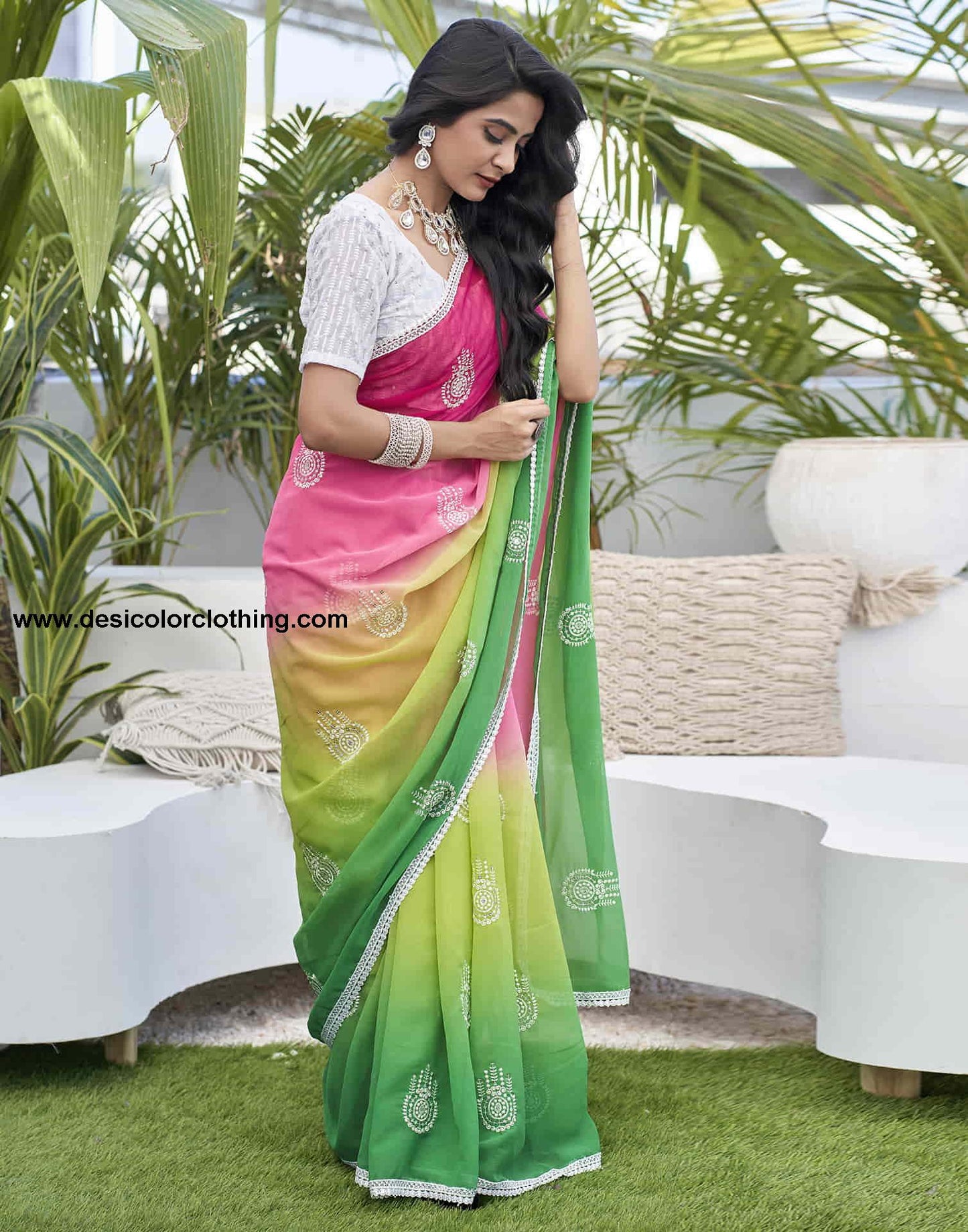Pink Georgette Sequence Swarovski Saree