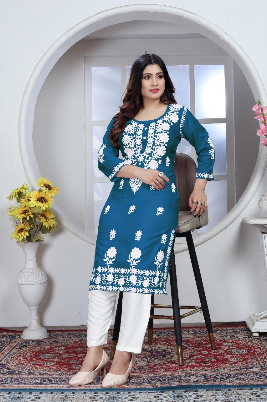 Product Image - Designer Chikankari Rayon Kurti and Pant Set | Ethnic Wear