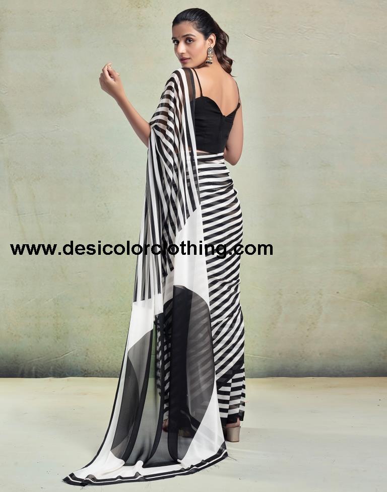 White Georgette Printed  Saree