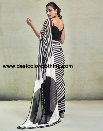White Georgette Printed  Saree