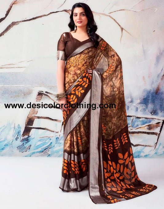 Brown Chiffon Printed  Saree