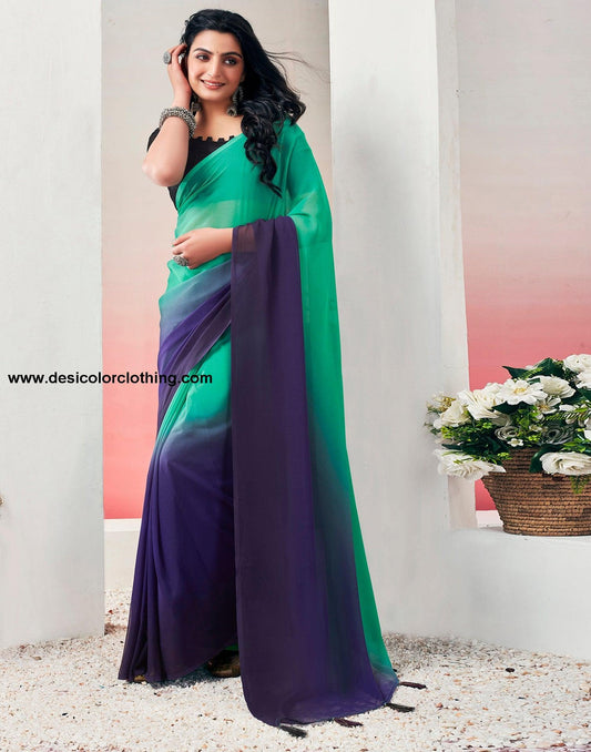 Teal Green Georgette Plain Ready to Wear Saree