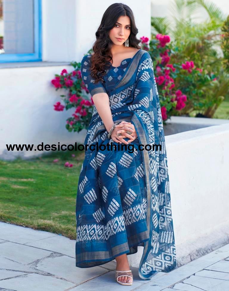 Dark Steel Blue Printed Cotton Saree