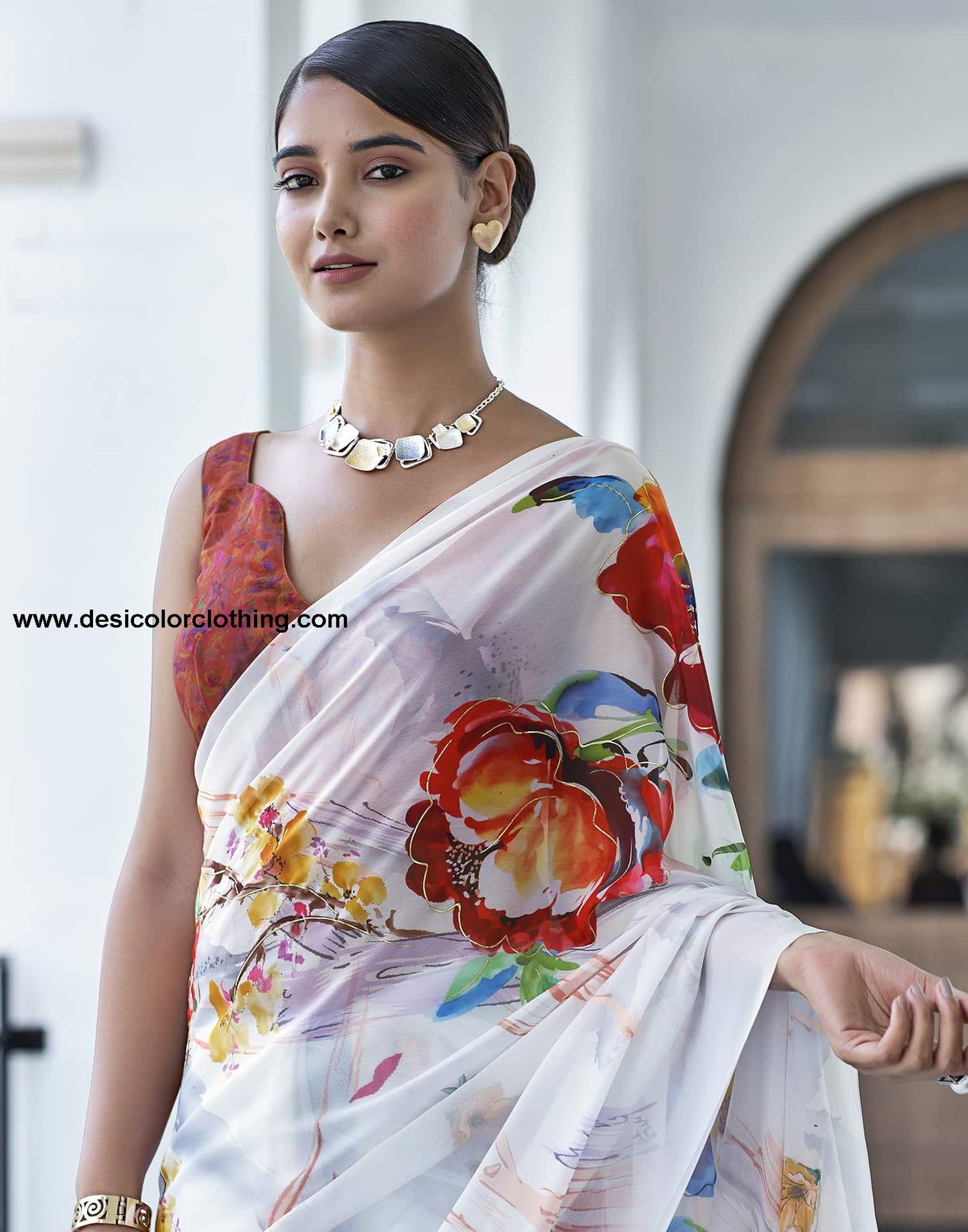 White Printed Georgette Saree