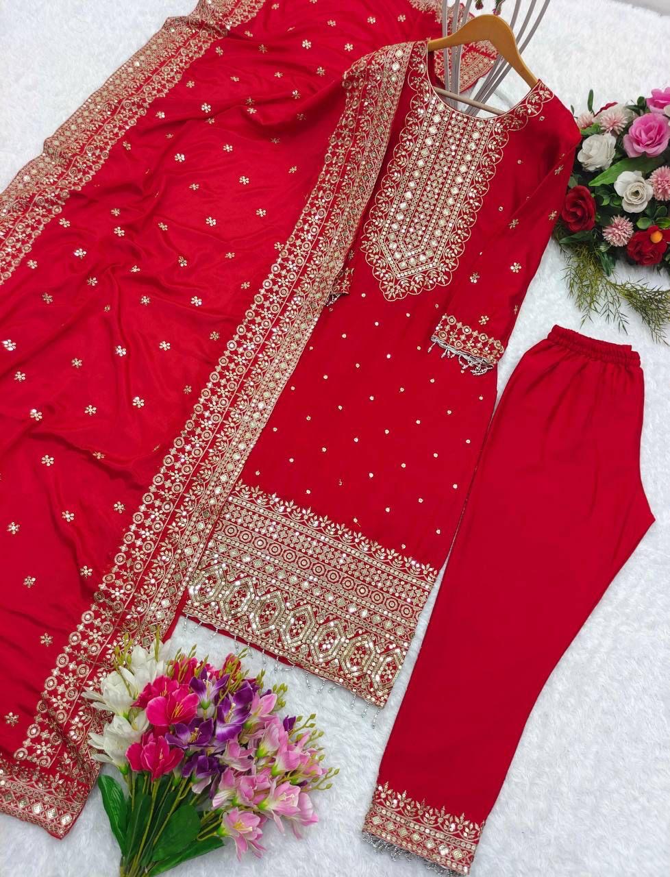 Designer Chinnon Party Wear Suits Luxury Embroidered Festive Collection