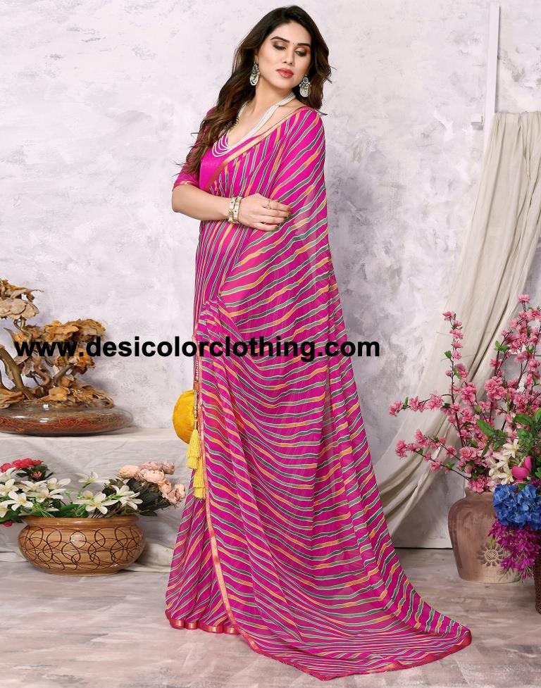 Rani Pink Chiffon Leheriya Printed Saree