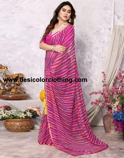 Rani Pink Chiffon Leheriya Printed Saree