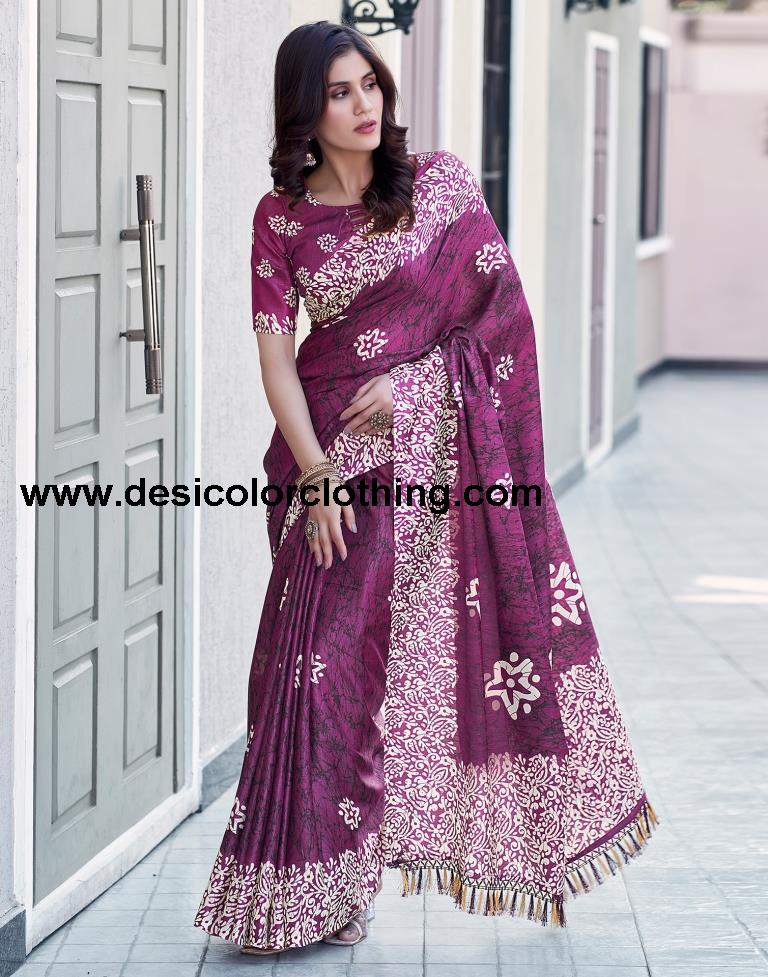 Dark Purple Silk Printed Saree