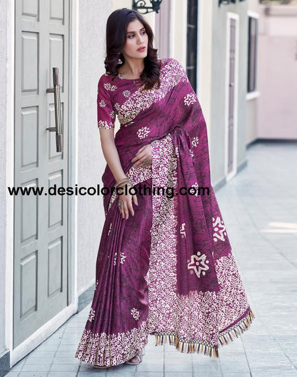 Dark Purple Silk Printed Saree
