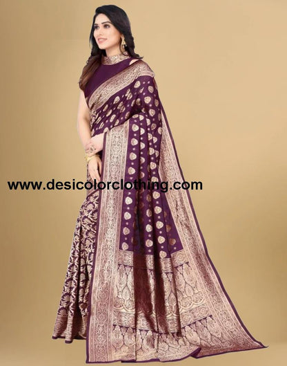 Wine Jacquard Banarasi Silk Saree