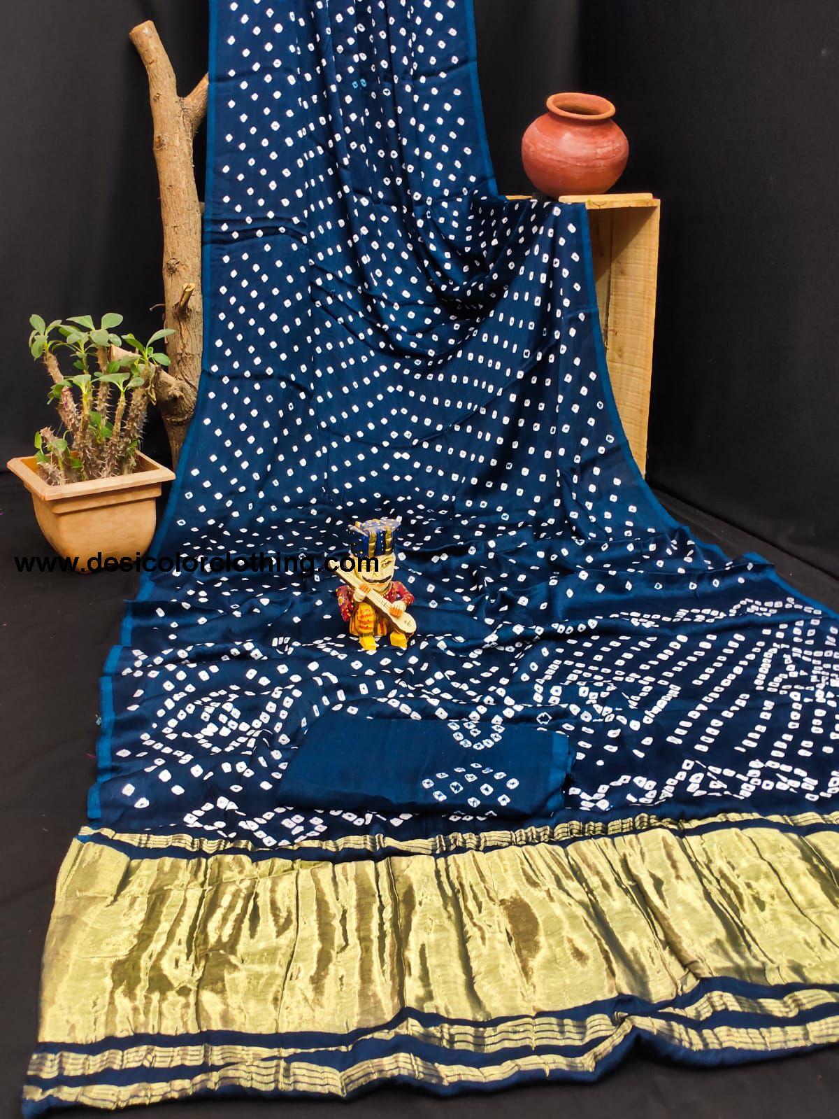 Gajji Silk Pallu Lagdi Patta Saree with Hand Block Print